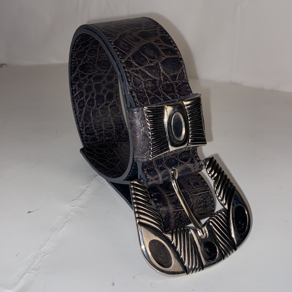 90s MZ New York Western Belt Top Grain Leather Brown lined Silver Buckle size L